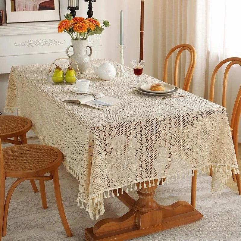 Bluejw American Pastoral Style Handmade Beige white Cotton Crochet Lace Tassel Hollowed Out Tablecloth home decoration table cover pad - Image 1